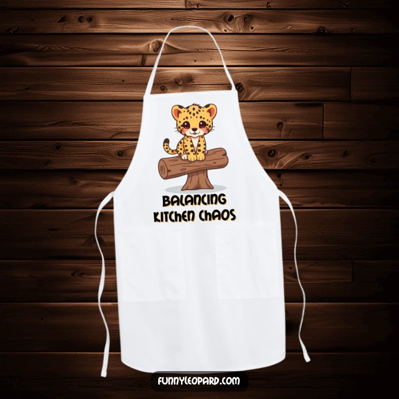 Funny apron showing a cute leopard cub balancing playfully on a fallen log, designed for kitchen fun and practicality.