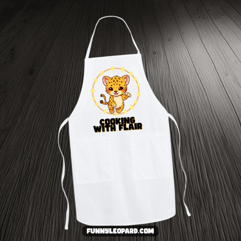 Funny Apron with a playful leopard cub leaping through glowing fireflies, adding a touch of magical fun to cooking and baking.