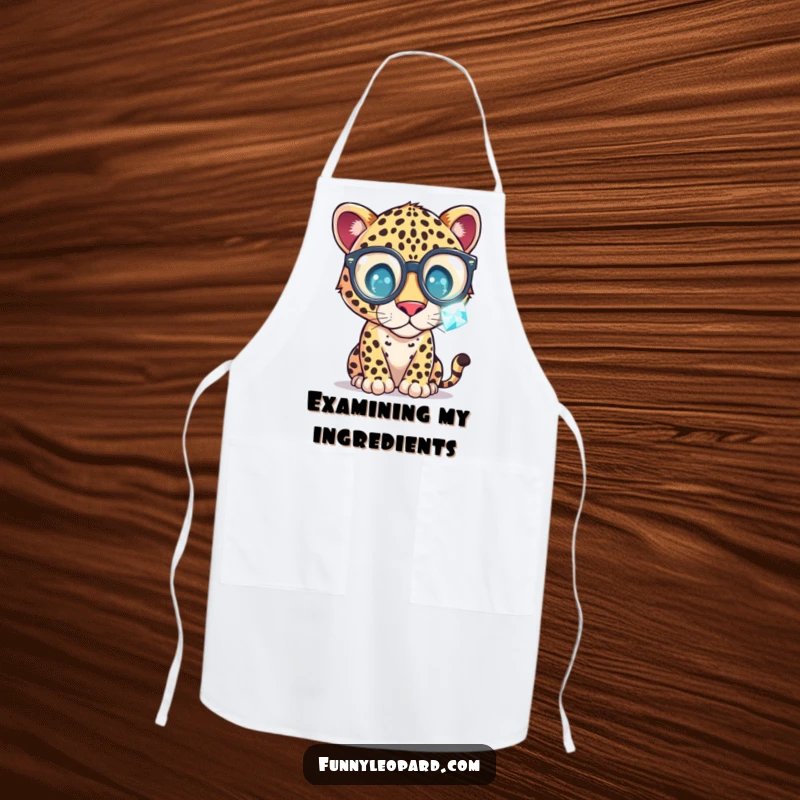 Funny Apron showcasing a whimsical leopard in large glasses, examining a sparkling gemstone, adding a humorous and intelligent touch to cooking.