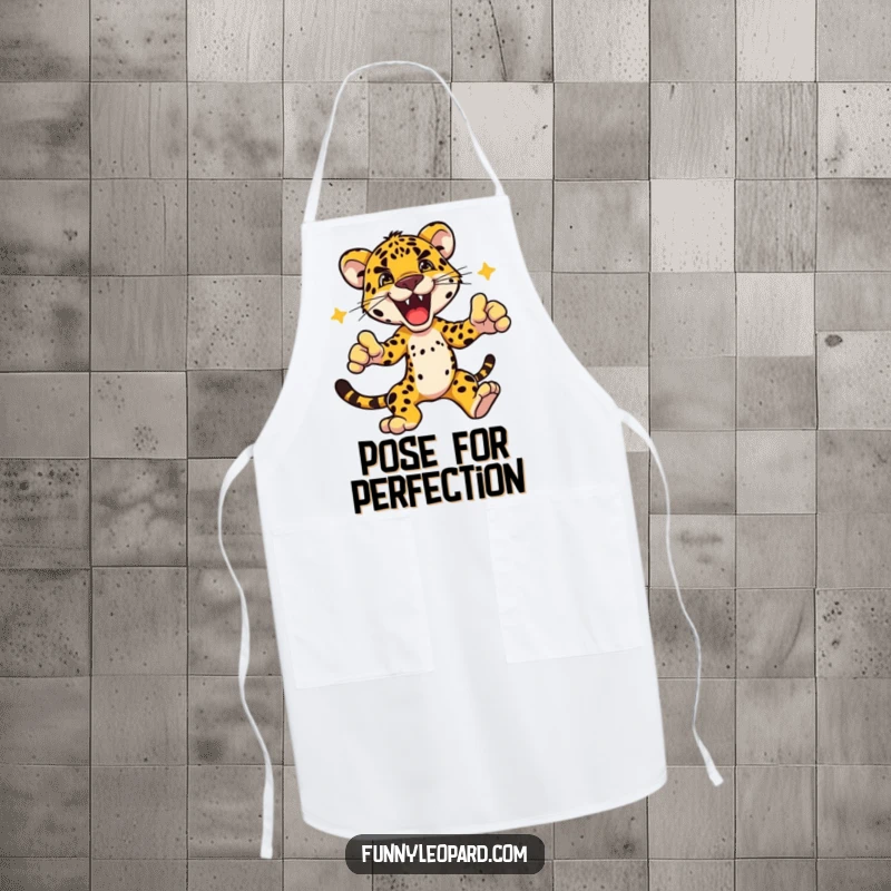Funny apron depicting a fierce leopard character striking an exciting dynamic pose, designed for kitchen warriors with a sense of style.