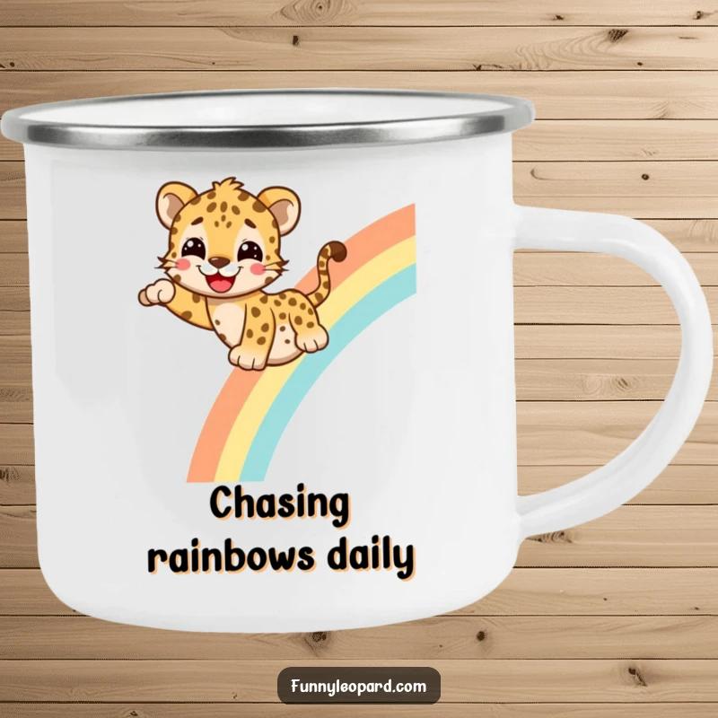 Funny Camping Mug featuring a cheerful leopard sliding down a rainbow, perfect for enjoying drinks during outdoor adventures with a touch of humor.