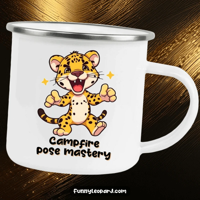 Funny camping mug featuring a fierce leopard character striking a dynamic action pose, ready for any adventure and a hot beverage.