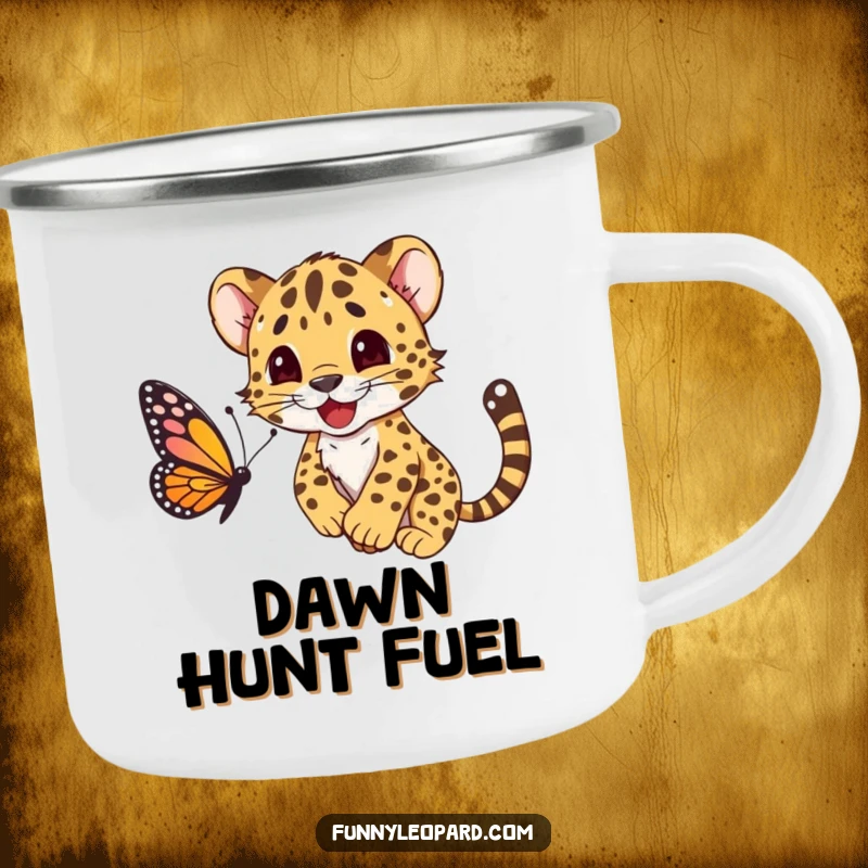 Funny camping mug showcasing a happy leopard cub character playfully pouncing on a butterfly, ideal for outdoor adventures.