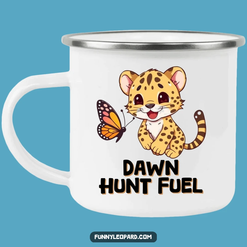 Funny Leopard Cub Pouncing Butterfly Camping Mug: Adventure & Laughs!