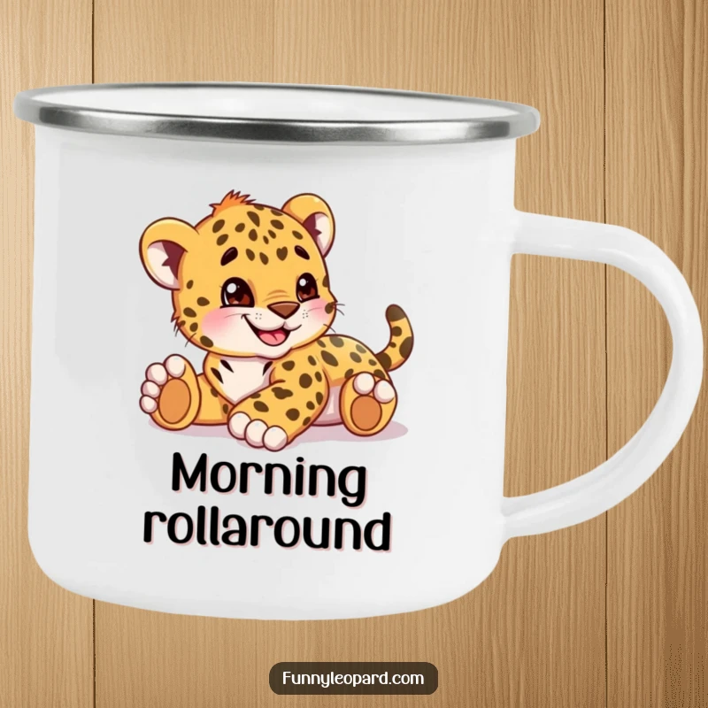 Funny camping mug featuring a playful leopard cub cub rolling with a big grin, ideal for outdoor adventures and smiles.