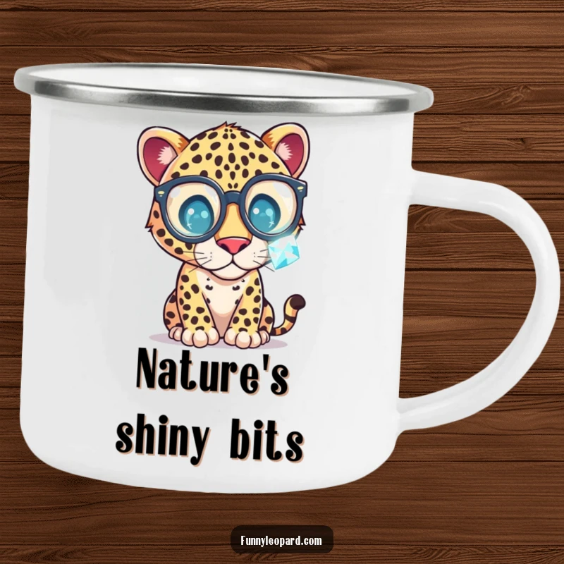 Funny Camping Mug with a whimsical leopard in large glasses, examining a sparkling gemstone, for the curious and humorous outdoor enthusiast.