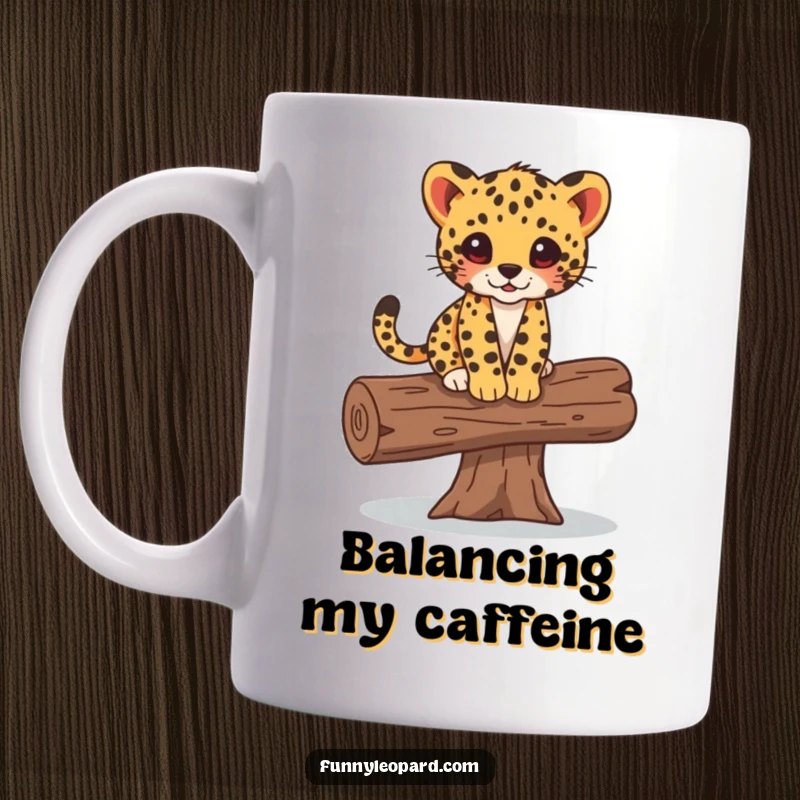 Funny mug showing a cute leopard cub maintaining perfect balance while playfully walking on a fallen log, depicting gentle adventure.