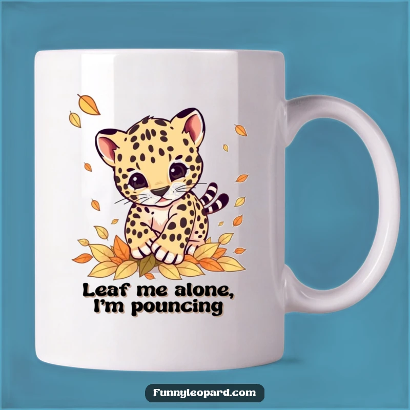 Funny Leopard Cub Pouncing Leaves Mug: Adorable Animal Humor Gift