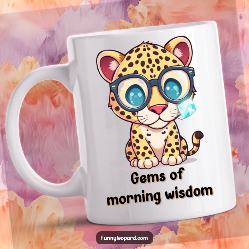 Funny Mug with a whimsical leopard in oversized glasses, curiously examining a sparkling gemstone, evoking intelligence and playful curiosity.