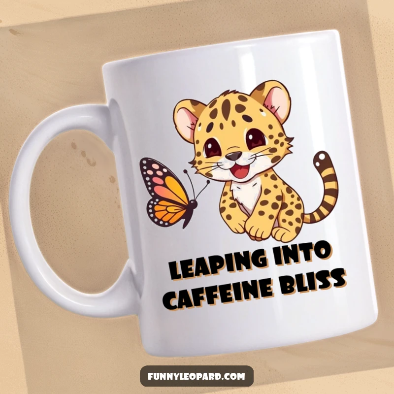 Funny mug featuring a joyful leopard cub character playfully pouncing on a fluttering butterfly with a big smile.