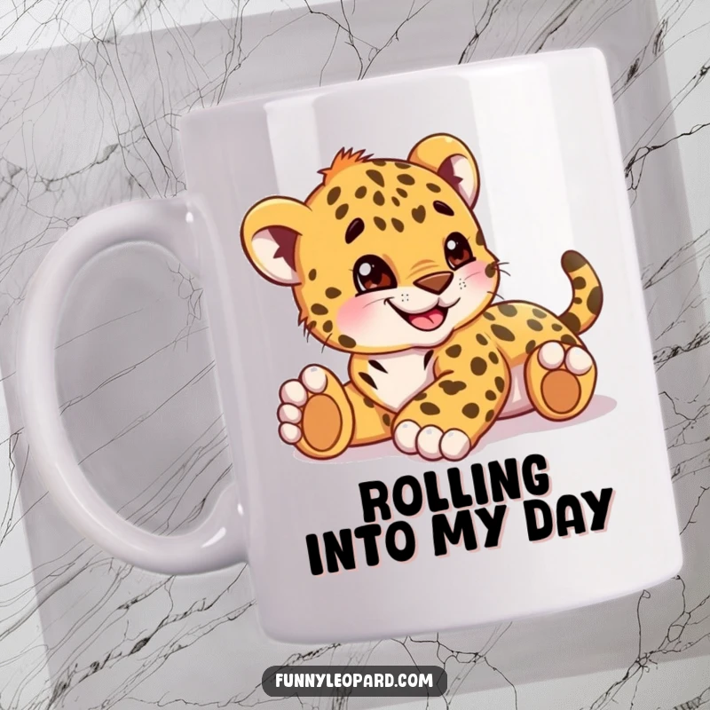 Funny mug showing a playful leopard cub character rolling on its back with a huge, happy grin and joy.