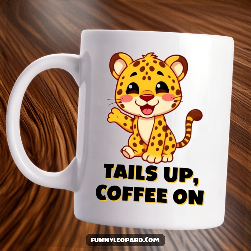 Funny mug showing a happy leopard character energetically wagging its tail with visible glee and excitement, radiating pure joy.