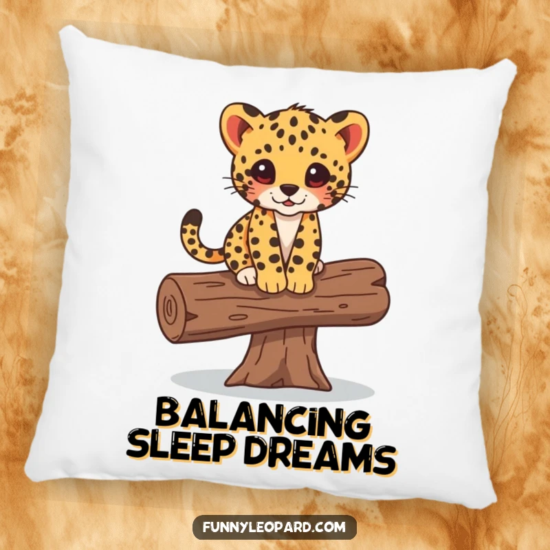 Funny pillow illustrating a cute leopard cub balancing skillfully on a fallen log, providing comfort and a touch of whimsy.
