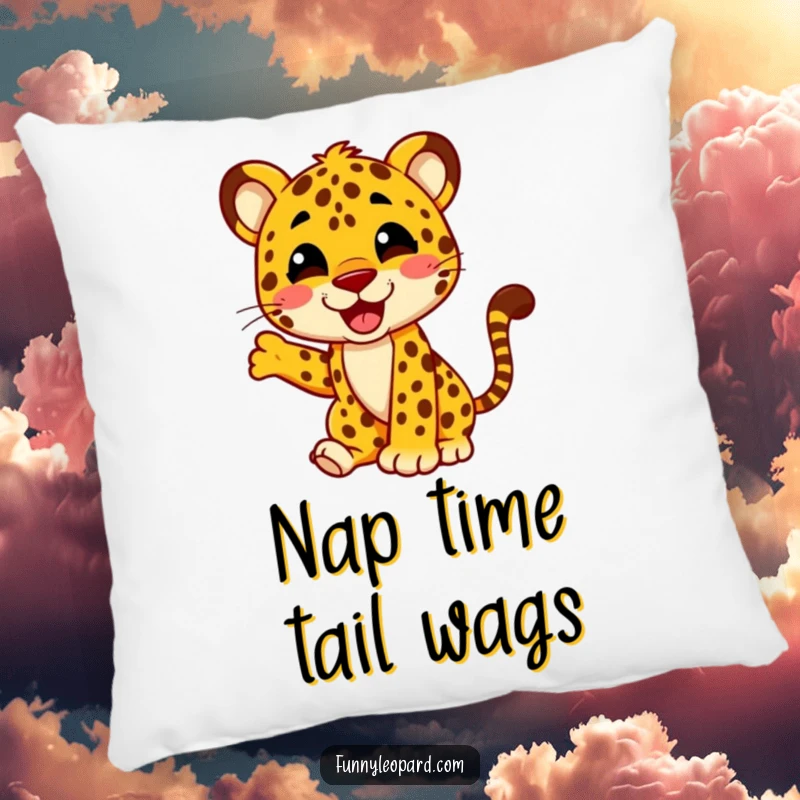 Funny pillow depicting a joyful leopard character energetically wagging its tail, adding comfort and a cheerful vibe to any space.