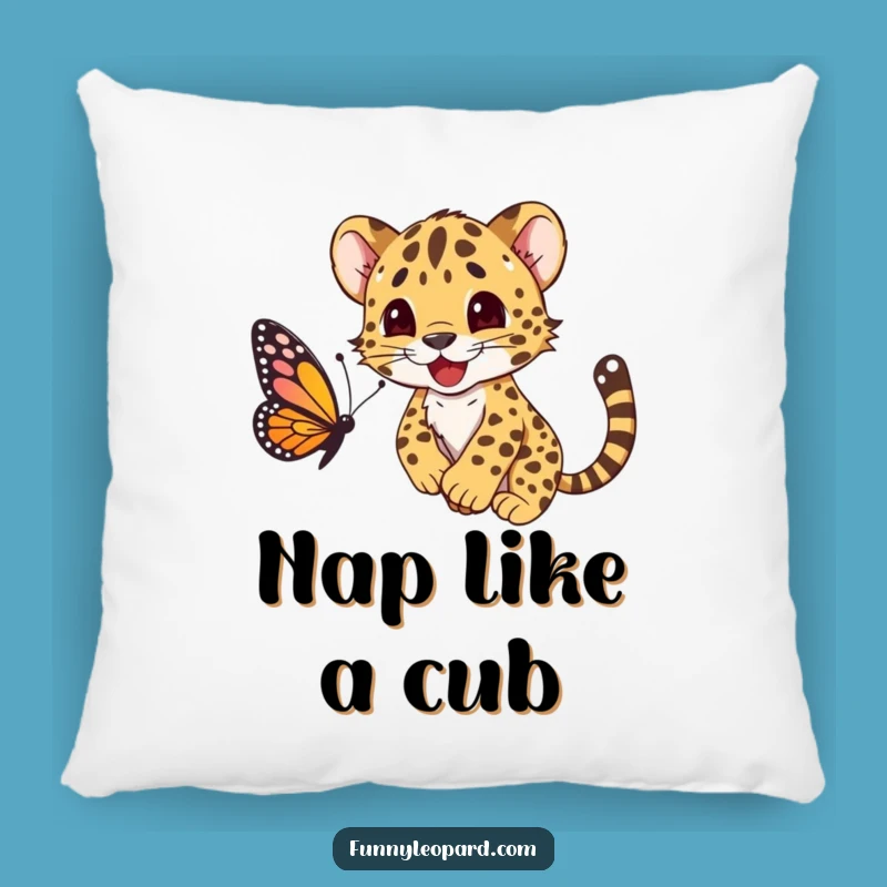 Funny Leopard Cub Pouncing Butterfly Pillow: Cute & Comfy Gift!