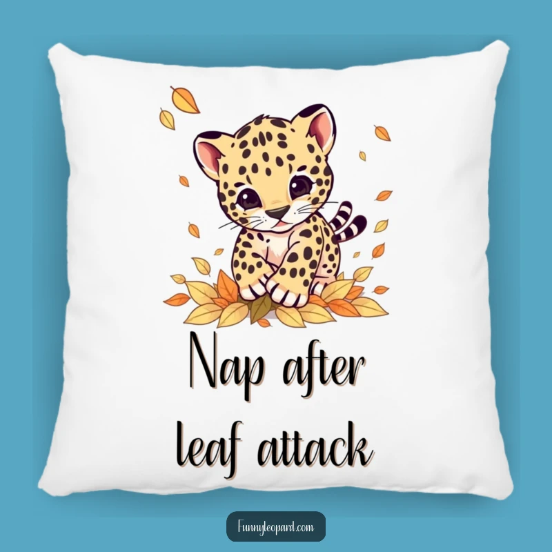 Funny Leopard Cub Pouncing Leaves Pillow: Cute & Cozy Accent