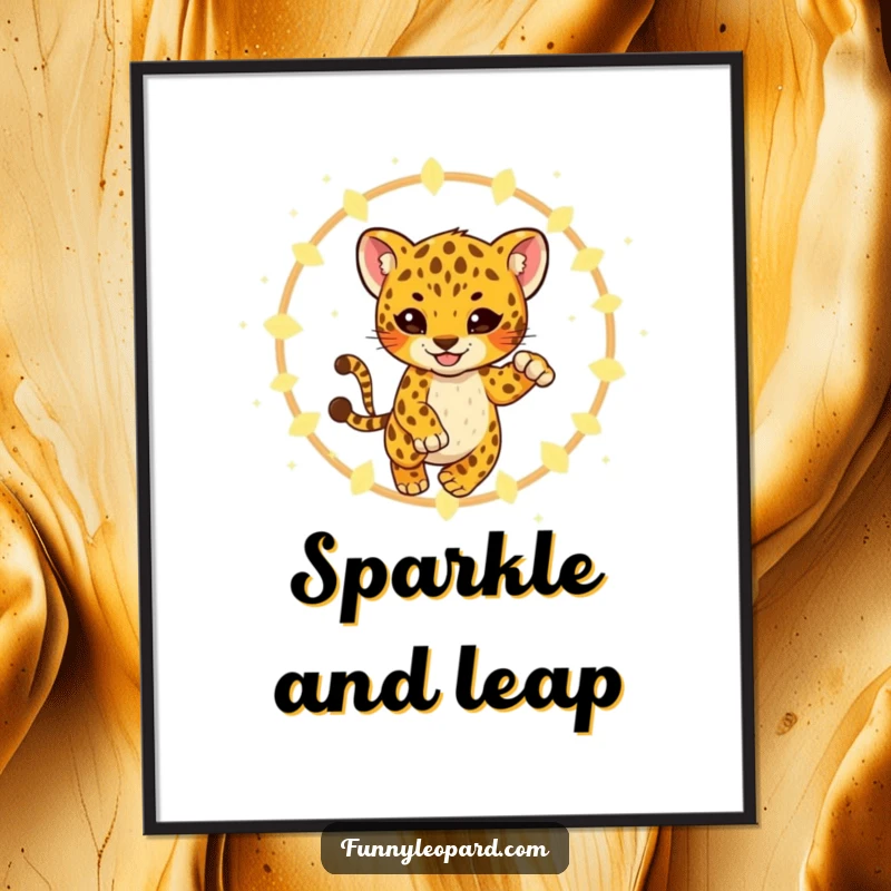 Funny Digital Art Print of a playful leopard cub leaping through a hoop of glowing fireflies, creating a magical and whimsical piece.