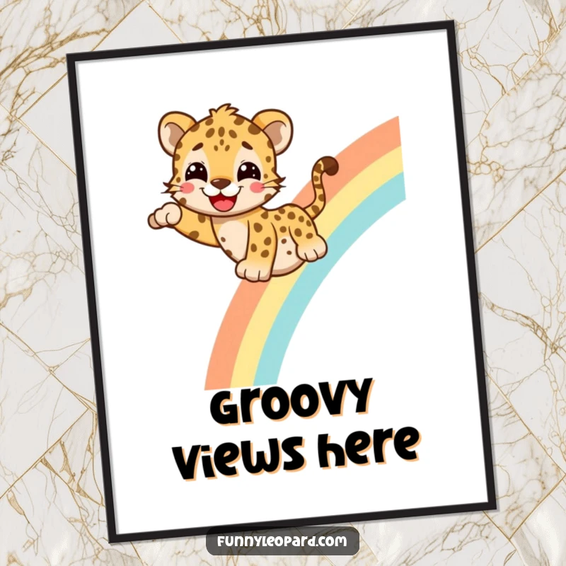 Funny Digital Art Print of a cheerful leopard with a happy grin sliding down a rainbow, creating a vibrant and humorous piece of decor.