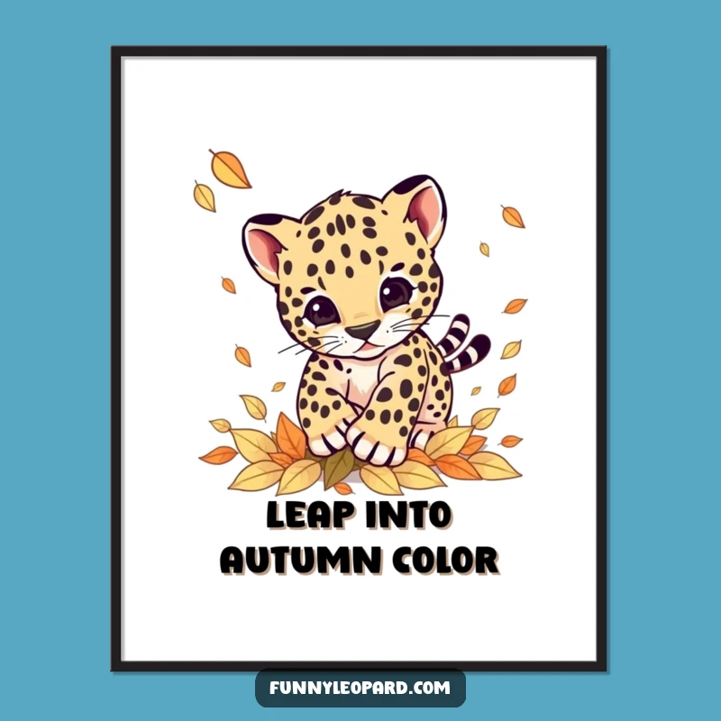 Funny Leopard Cub Pouncing Leaves Digital Print: Instant Joyful Decor