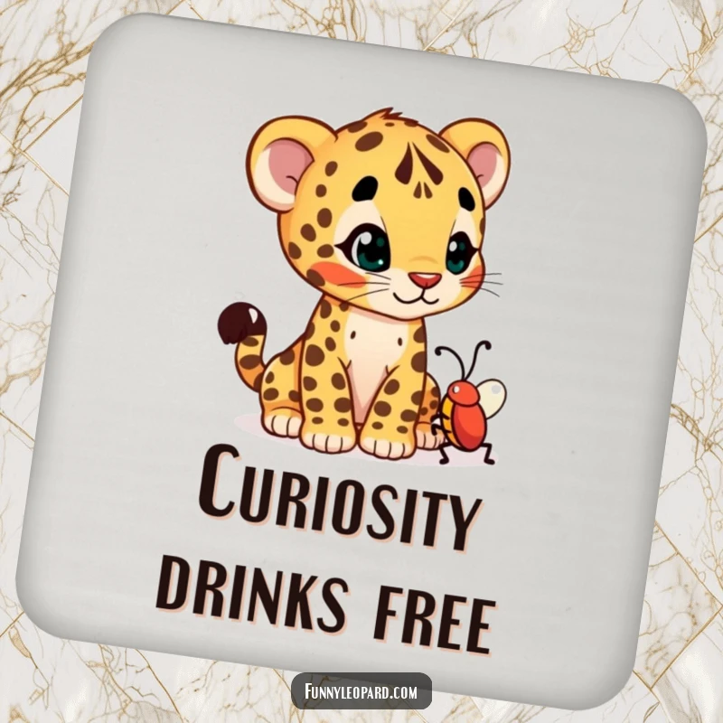 Funny drink coaster showing a curious leopard cub cub tilting its head at a wiggling bug, a delightful piece.