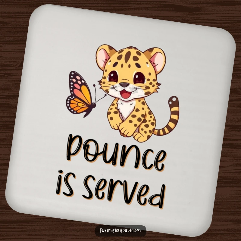 Funny drink coaster with a happy leopard cub character playfully pouncing on a butterfly, a delightful piece of decor.