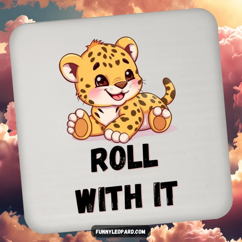 Funny drink coaster showing a playful leopard cub cub rolling with a big grin, adding a touch of fun.