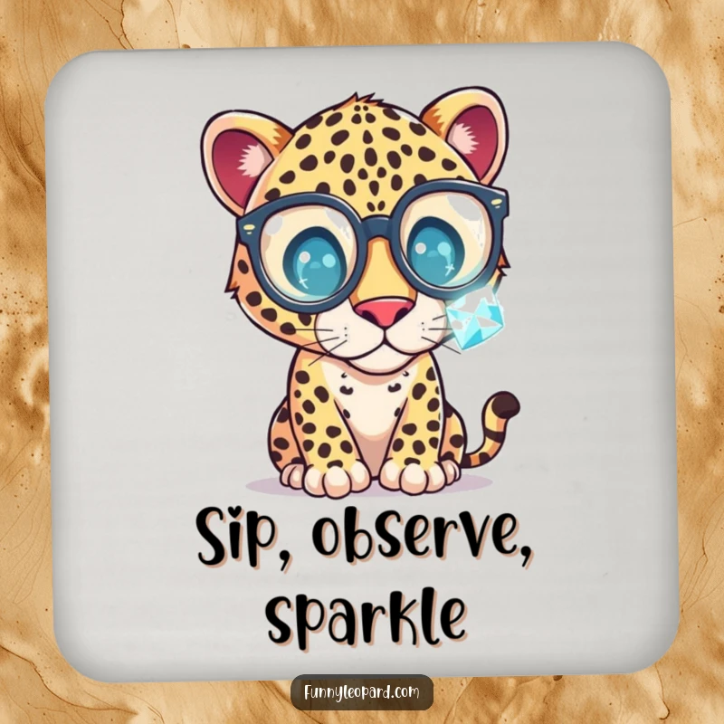 Funny Coasters featuring a whimsical leopard in oversized glasses, examining a sparkling gemstone, offering stylish and humorous surface protection.