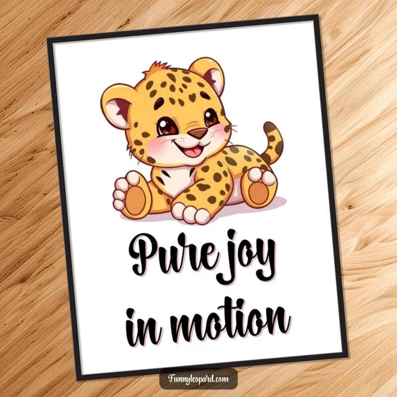 Funny poster print of a playful leopard cub cub rolling with a huge grin, capturing pure delight and happiness.