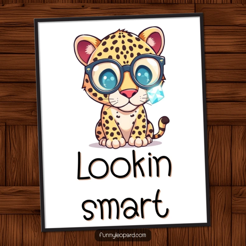 Funny Poster depicting a whimsical leopard wearing oversized glasses, peering intently at a sparkling gemstone, perfect for sparking conversation.