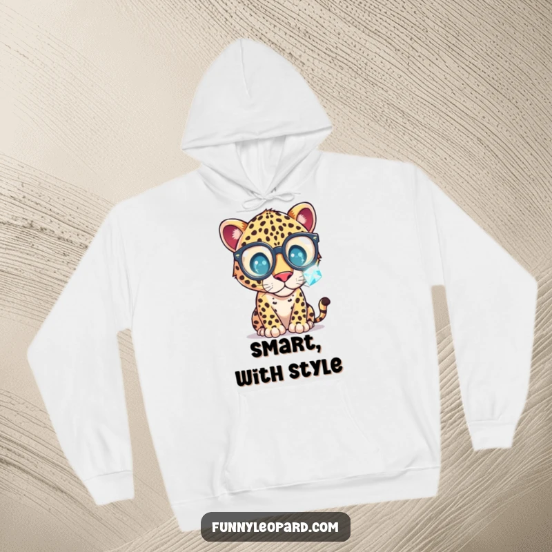 Funny Hoodie showing a whimsical leopard in large glasses, fascinated by a sparkling gemstone, blending comfort with intellectual humor.