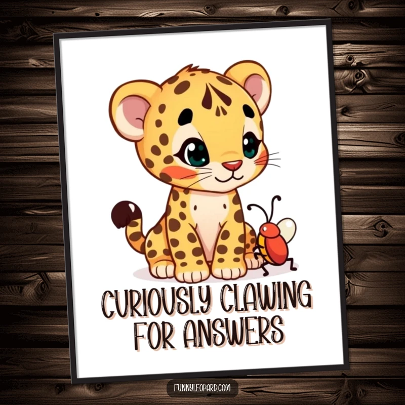 Funny Free Printable Wall Art: A curious leopard cub cub tilts its head, examining a small wiggling bug.