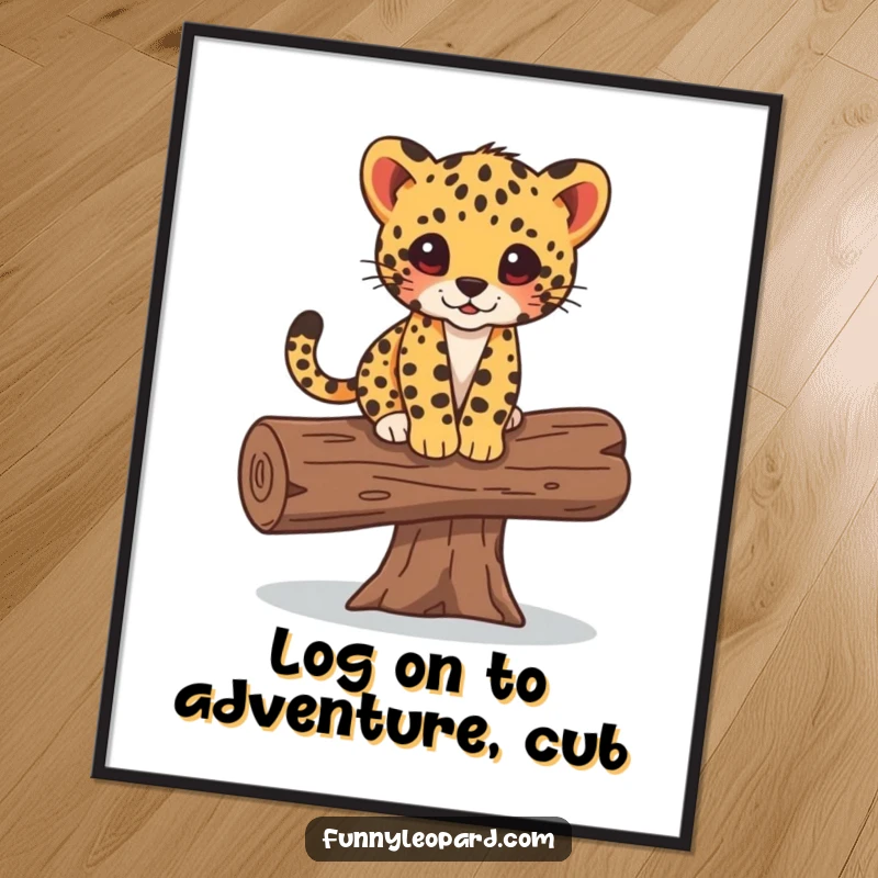 Funny Free Printable Wall Art featuring a cute leopard cub balancing with adorable playfulness on a fallen log.