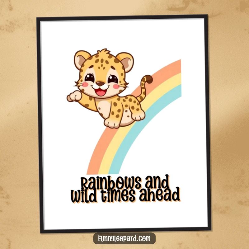Funny Free Printable Wall Art: A happy leopard zooms down a vibrant rainbow, radiating pure joy and playful energy.