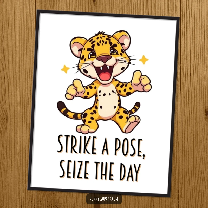 Funny Free Printable Wall Art of a leopard character striking an energetic, dynamic pose with pure excitement and confidence.