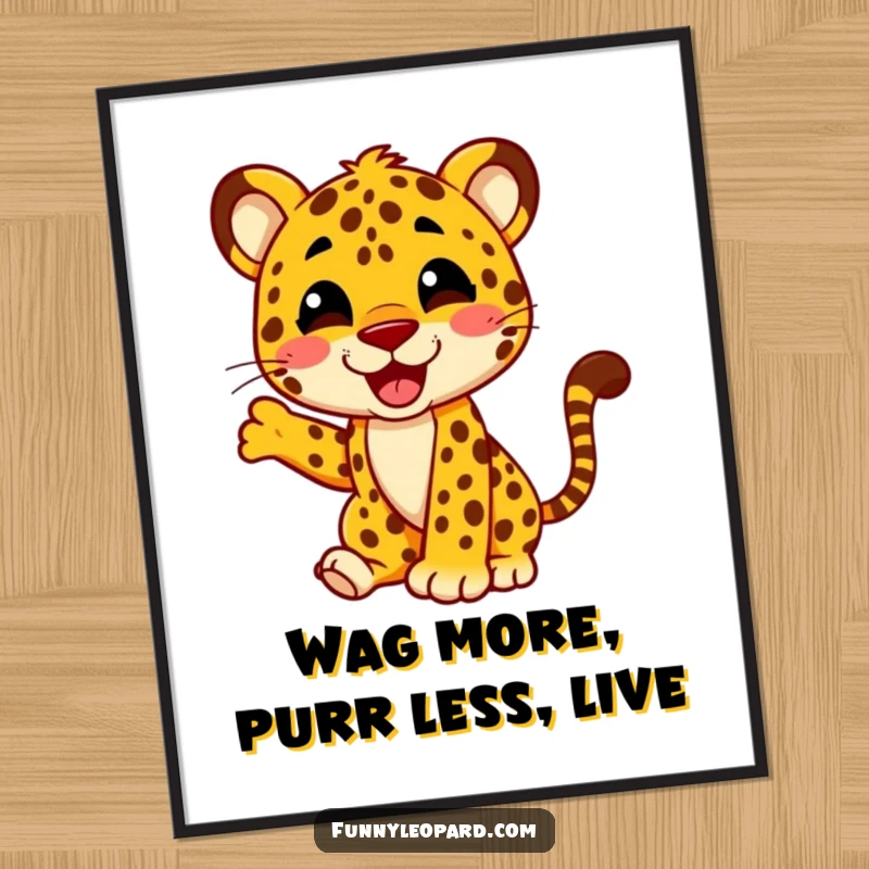 Funny Free Printable Wall Art of a leopard character whose tail is wagging uncontrollably with pure, unadulterated glee.