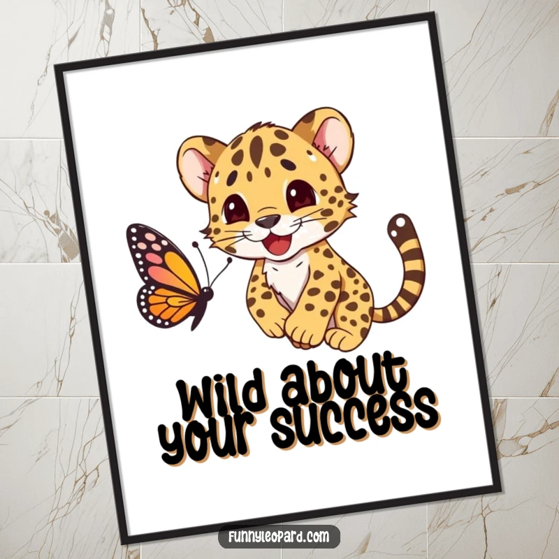 Funny Free Printable Wall Art: A happy leopard cub cub playfully pounces on a butterfly, adding wild charm.