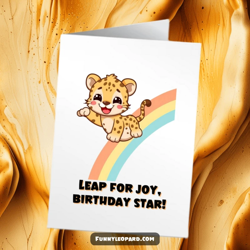 Funny Free Printable Birthday Card: Cheerful leopard slides down a rainbow, grinning wide, ready for a wild celebration.