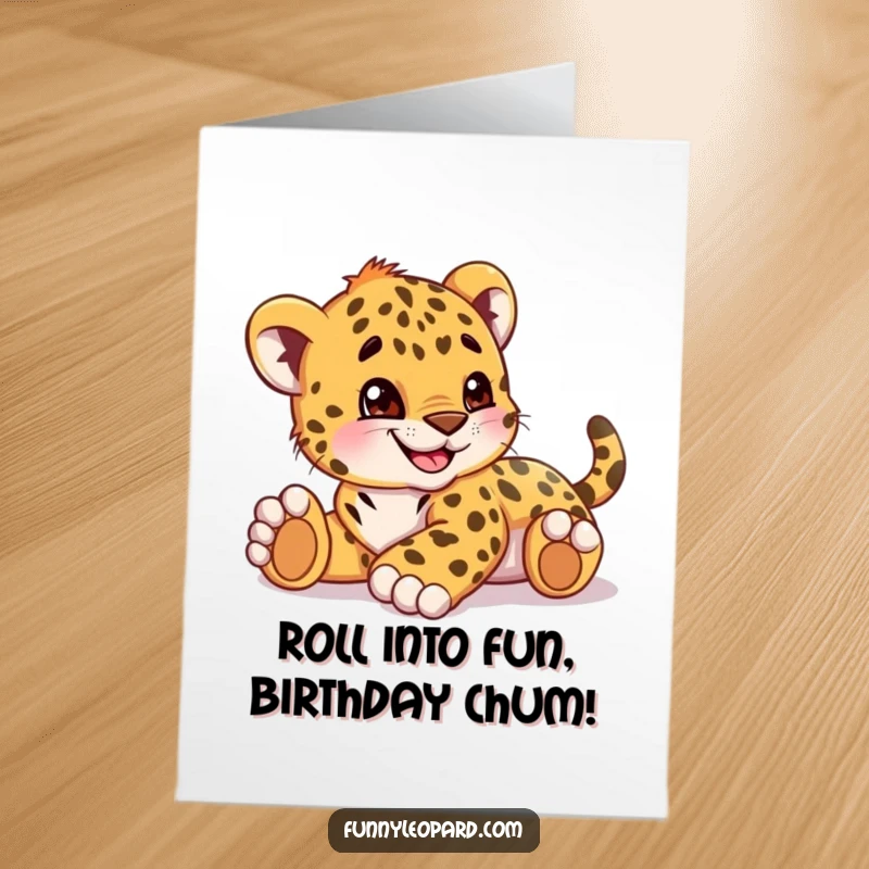 Funny Free Printable Birthday Card: A playful leopard cub cub rolls on its back with a huge grin, ready for fun.