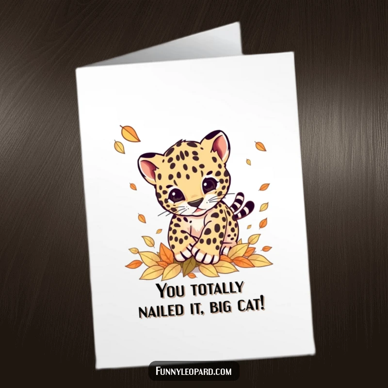 Free Printable Congratulations Card showing a happy leopard cub pouncing on leaves, symbolizing exciting achievements.