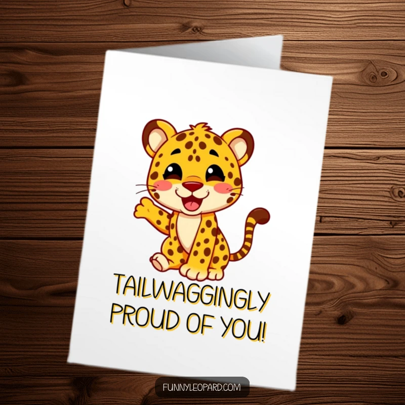 Free Printable Congratulations Card featuring a leopard character wagging its tail energetically, expressing pure delight and success.