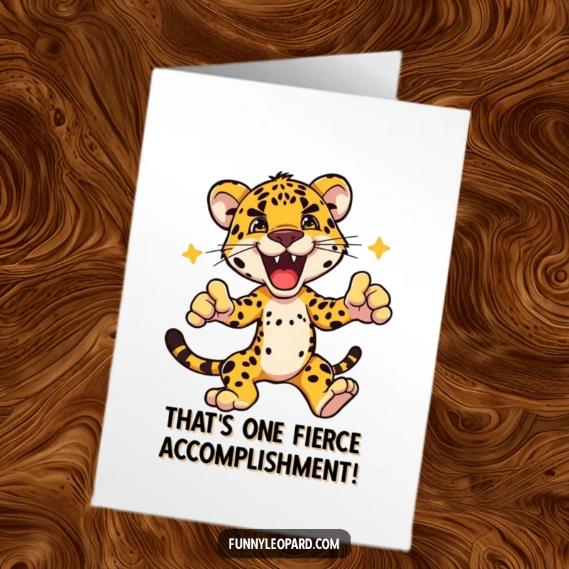 Free Printable Congratulations Card of a leopard striking an excited, dynamic pose, radiating accomplishment and flair.