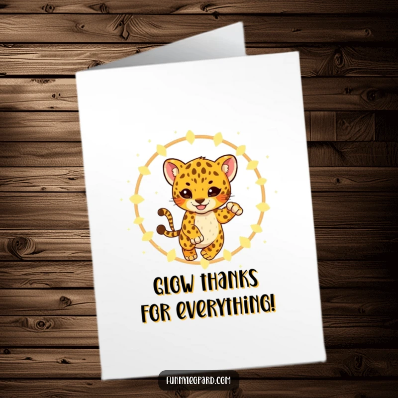 Funny Free Printable Thank You Card: Playful leopard cub jumping through fireflies, sending bright and happy thanks.