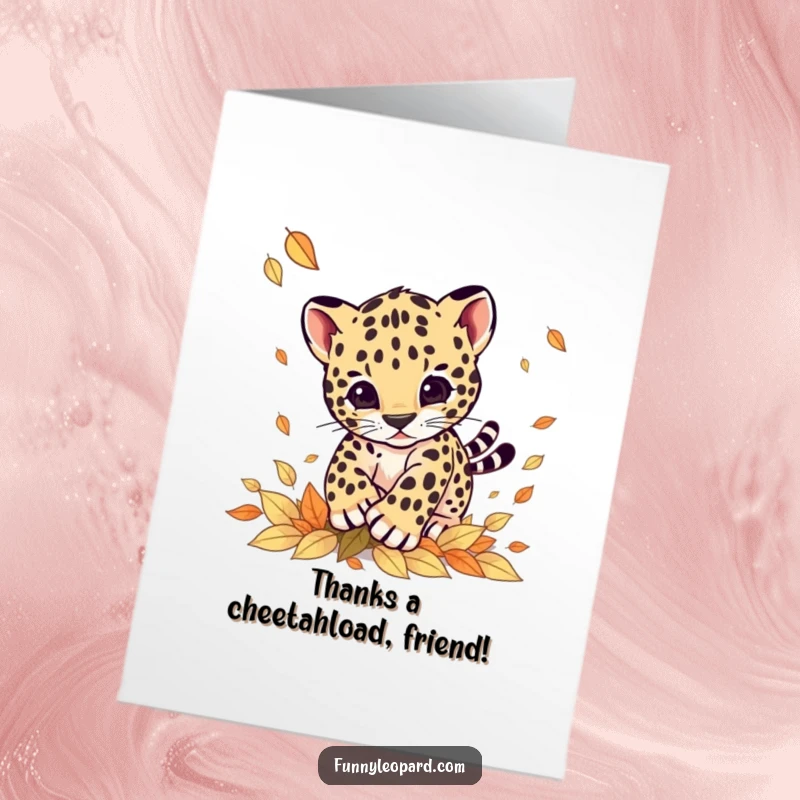 Free Printable Thank You Card with a playful leopard cub pouncing on leaves, conveying warm gratitude.