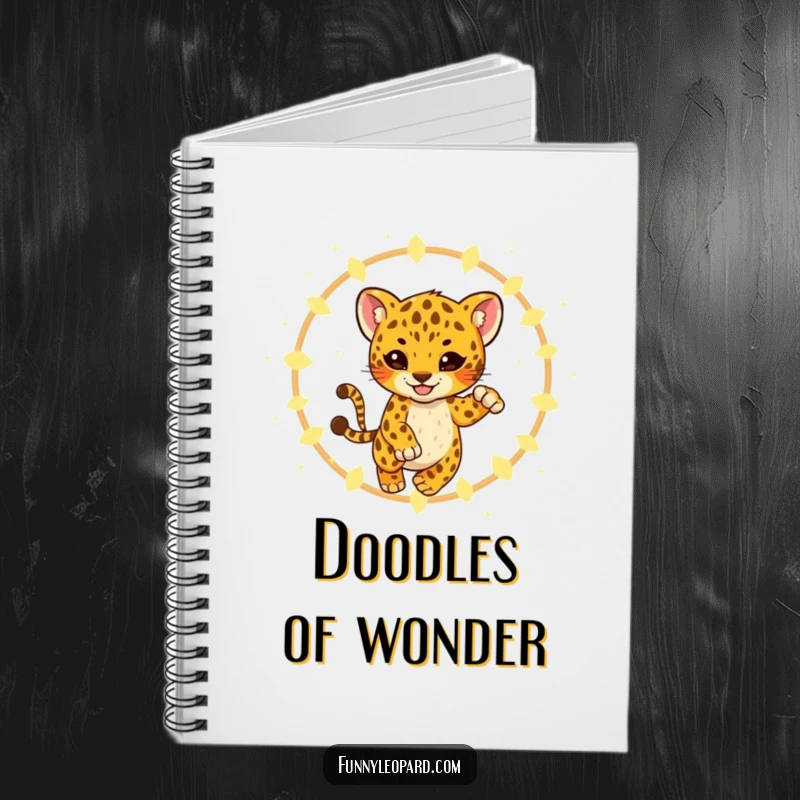 Funny Notebook featuring a playful leopard cub leaping through a hoop of glowing fireflies, perfect for capturing creative and magical thoughts.