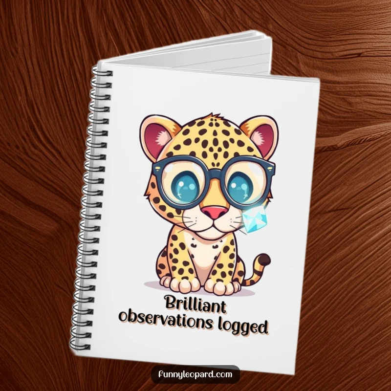 Funny Notebook featuring a whimsical leopard in oversized glasses, curiously examining a sparkling gemstone, ideal for jotting down bright ideas.