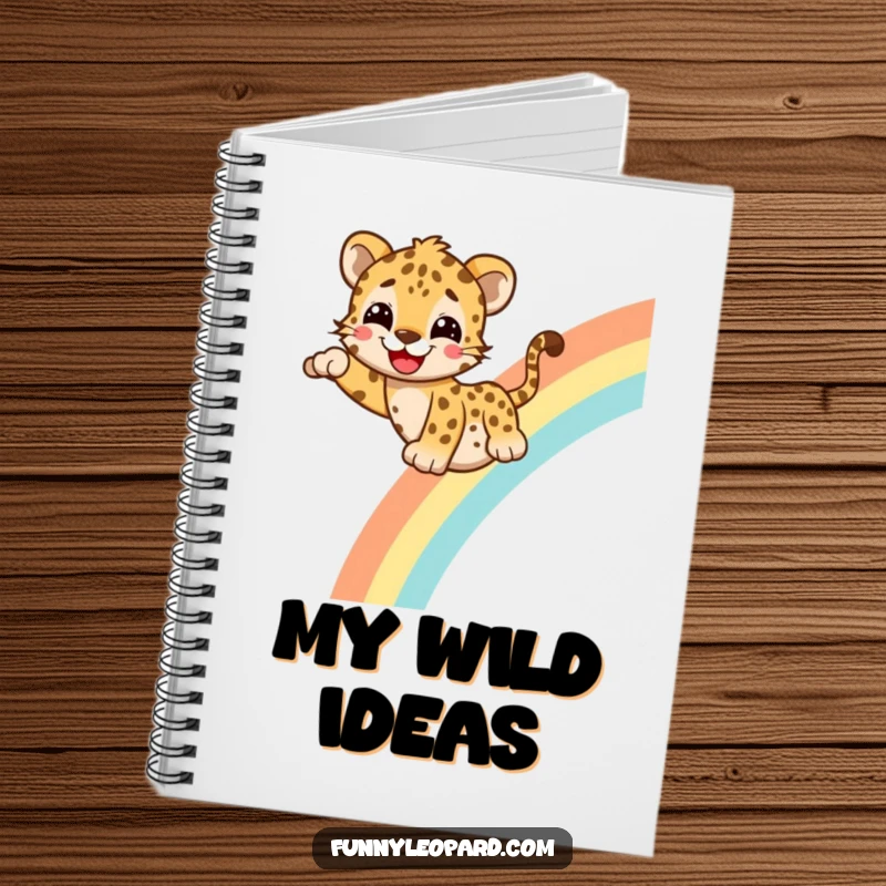 Funny Notebook with a cheerful leopard character sliding down a rainbow, offering a joyful and humorous space for writing and creativity.