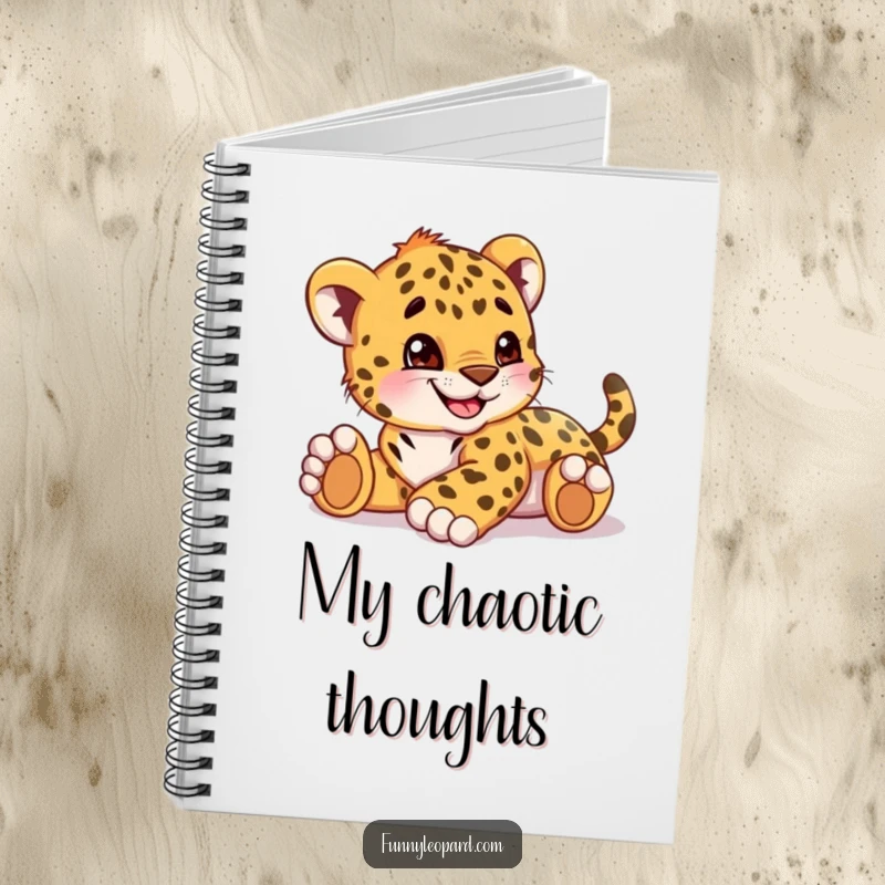 Funny notebook adorned with a playful leopard cub cub rolling with a big grin, perfect for capturing thoughts and ideas.