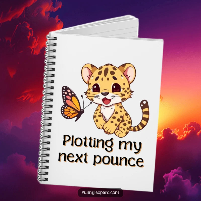 Funny notebook decorated with a happy leopard cub character playfully pouncing on a butterfly, perfect for creative minds.
