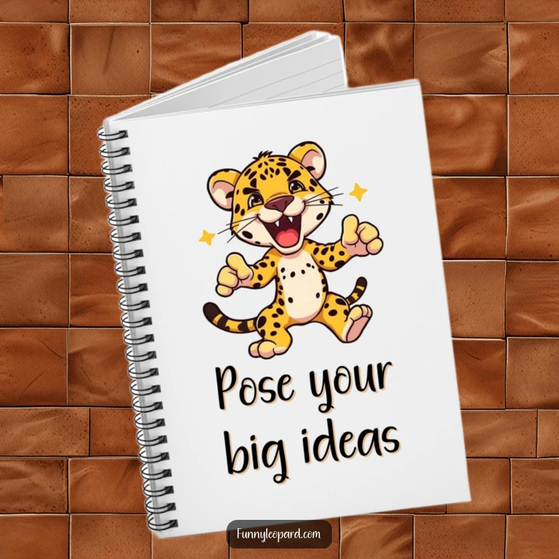 Funny notebook cover showcasing a powerful leopard character in an energetic dynamic pose, ideal for capturing bold ideas and plans.