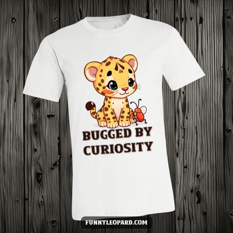 Funny t-shirt depicting a curious leopard cub cub tilting its head, observing a wiggling bug with intense interest.